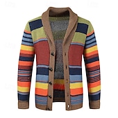 cheap Men&#039;s Cardigan Sweater-Men&#039;s Cardigan Sweater Chunky Knit Button Up Striped Shawl Lapel Knitwear Elegant Carnival Formal Clothing Apparel Drop Shoulder Fall Winter Red M L XL