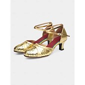 abordables Chaussures de danses latines-chaussures de danse à paillettes dorées pour femmes avec design à brides croisées – talons de salle de bal et latins étincelants pour la performance et la pratique