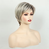 economico parrucca più vecchia-parrucche bionde corte per donne parrucche bionde con taglio pixie con frangia parrucche corte lisce a strati parrucche bionde chiare sintetiche dall&#039;aspetto naturale