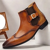 cheap Premium Leather Boots-Men&#039;s Brown Ankle Boots with Brogue Detailing &amp; Snakeskin Accent - Premium Cowhide Leather Dress Boots for Formal &amp; Casual Wear