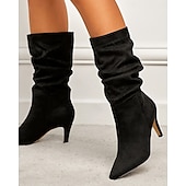 billiga Slouch Boots-damstövlar i brun mocka med mitten av vaden - eleganta stilettklackar med spetsiga tå, perfekta för höstens fritids- och festkläder