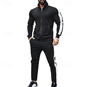 お買い得  トラックスーツ-男性用 トラックスーツ ジョギングスーツ 2個 カジュアル 秋 長袖 高通気性 ソフト フィットネス ジムトレーニング ランニング スポーツウェア アクティブウェア カラーブロック ブラック イエロー アーミーグリーン