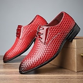 baratos Formal-sapatos sociais masculinos de couro sintético vermelho trançado – oxfords elegantes com cadarço e detalhes em couro envernizado para ocasiões formais e casuais