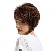 abordables perruque plus âgée-perruques brunes perruque synthétique droite avec frange perruque fabriquée à la machine cheveux synthétiques courts pour femmes mode douce facile à transporter