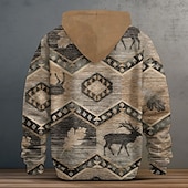 preiswerte Vintage Ethnische Hoodies-Herren Cowboy Hirsch Vlies Hoodie Sweatshirt Kapuze Hoodies Hoodie Sweatshirt Kapuze Langarm Sweatshirt mit Kapuze Mit Kapuze Modisch 3D-Druck Sports Outdoor Urlaub Strassenmode Khaki Kordelzug