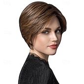 abordables perruque plus âgée-perruques brunes perruque synthétique droite avec frange perruque fabriquée à la machine cheveux synthétiques courts pour femmes mode douce facile à transporter