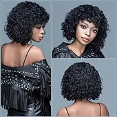 baratos Perucas capless de cabelo natural-perucas curtas de cabelo humano cacheado peruca curta bob cacheado cabelo humano com franja para mulheres peruca curta sem cola onda de água cabelo humano com franja preto natural 12 polegadas