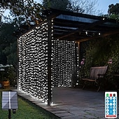 abordables Guirlandes solaires-3*3m 300 led solaire rideau lumière extérieure télécommande lumière 8 modes d&#039;éclairage guirlandes ip65 étanche fil de cuir lumières fête de noël mariage maison chambre jardin décoration murale