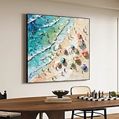 economico Quadri paesaggistici-Dipinto ad olio sulla spiaggia in 3D, dipinto ad olio astratto fatto a mano sulla costa su tela, dipinto fatto a mano sulla spiaggia soleggiata nei colori blu e beige, dipinto di onde per la