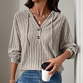 baratos Moletons e Sweatshirts Texturizados-moletom feminino com capuz moletom casual simples rua diário moletom com capuz botões manga longa cáqui outono inverno