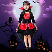cheap Fairytale Theme Dresses-Kids Girls&#039; Dress Color Block halloween custome Long Sleeve Performance Party Patchwork Gothic Costume Polyester Knee-length Casual Dress Summer Spring 4 years+ Red