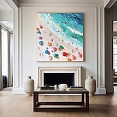 economico Quadri paesaggistici-Dipinto ad olio sulla spiaggia in 3D, dipinto ad olio astratto fatto a mano sulla costa su tela, dipinto fatto a mano sulla spiaggia soleggiata nei colori blu e beige, dipinto di onde per la