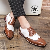 abordables Zapatos Brogue-Zapatos Oxford con punta de ala en marrón y blanco para hombre, zapatos de vestir vintage de cuero genuino inspirados en Gatsby para fiestas, bodas y eventos formales de la década de 1920.