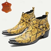cheap Premium Leather Boots-Men&#039;s Yellow Snakeskin Leather Motorcycle Boots – Western Style Pointed Toe Ankle Boots with Buckle Straps for Bold Fashion Statements