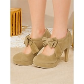 levne Block Heels-dámské semišové lodičky s červenou mašlí - retro lodičky na platformě na jehlovém podpatku, ideální pro looky inspirované vintage, večírky a zvláštní příležitosti