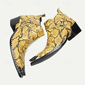 cheap Premium Leather Boots-Men&#039;s Yellow Snakeskin Leather Motorcycle Boots – Western Style Pointed Toe Ankle Boots with Buckle Straps for Bold Fashion Statements