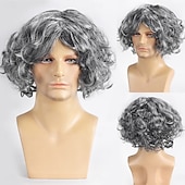 voordelige Historische pruiken-Synthetische Wig Krullend Met Pony Machine Gemaakte Wig Korte Grijze Synthetische Haar Mannen Grijze Halloween Wigs