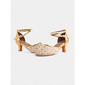 abordables Chaussures de danses latines-chaussures de danse en dentelle dorée pour femmes avec bride croisée et semelle en daim – talons confortables pour les événements de danse de salon et latine