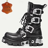 cheap Premium Leather Boots-Men's Black Gothic Steampunk Combat Boots with Skull Buckle Accents - Premium Cowhide Leather for Cosplay and Biker Style