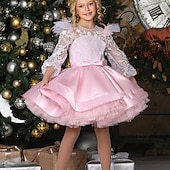 baratos Vestidos de Festa-Infantil Para Meninas Vestido de festa Côr Sólida Manga Longa Espetáculo Com Transparência Princesa Doce Com Transparência Longuette Vestido da bainha Vestido De Tule Verão Primavera Outono Crianças
