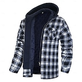 cheap Men&#039;s Shirt Jacket-Men&#039;s Shirt Jacket Winter Jacket Overshirt Shacket Plaid / Striped / Chevron / Round Vacation Daily Wear Black Red Navy Blue Royal Blue Long Sleeve Hooded Fall &amp; Winter Clothing Apparel