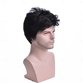 preiswerte Herrenperücken-Synthetische Perücken Locken Asymmetrischer Haarschnitt Perücke Kurz Schwarz Synthetische Haare Herren Modisches Design Weich Natürlich Schwarz