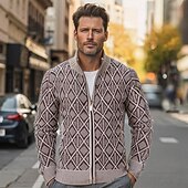 preiswerte Herren Strickjacke-Herren Strickjacke Zip Pullover Reißverschluss Grobstricken Stricken Standard Zip Tasche Geometrisch Stehkragen Strickware Elegant Heim Arbeit Bekleidung Bischof Frühling Herbst Schwarz Marineblau M