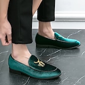お買い得  セミフォーマル-ゴールドの刺繍が施されたメンズグリーンベルベットローファー - フォーマルなイベントや結婚式に最適な豪華なスリッポンシューズ