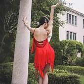 abordables Tenues de danse latine-robe de concours de danse latine pour femmes, robe à pampilles sans manches pour rumba salsa chacha