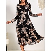cheap Cocktail Dress-Women&#039;s A-Line Midi Dress Long Sleeve Sequins Floral Elegant Black Semi-Formal Sparkly Shimmer Skirt Round Neckline Wedding Party Theater Event Spring Fall Fashion Clothing Apparel S M L XL XXL