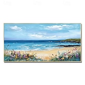 cheap Floral/Botanical Paintings-Sandy Sea Shore Flowers Blue Sky Hand Painted Wall Decor Living Room Acrylic Abstract Oil Painting Office Wall Art Textured Painting No Frame