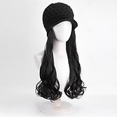abordables Pelucas sintéticas de moda-Gorro con peluca y extensiones de pelo largo y ondulado, gorro de punto con pompón para mujer, color negro, para invierno
