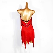 abordables Tenues de danse latine-robe de concours de danse latine pour femmes, robe à pampilles sans manches pour rumba salsa chacha