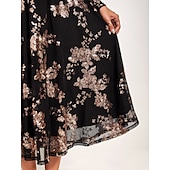 cheap Cocktail Dress-Women&#039;s A-Line Midi Dress Long Sleeve Sequins Floral Elegant Black Semi-Formal Sparkly Shimmer Skirt Round Neckline Wedding Party Theater Event Spring Fall Fashion Clothing Apparel S M L XL XXL