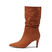 billiga Slouch Boots-damstövlar i brun mocka med mitten av vaden - eleganta stilettklackar med spetsiga tå, perfekta för höstens fritids- och festkläder