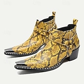 cheap Premium Leather Boots-Men&#039;s Yellow Snakeskin Leather Motorcycle Boots – Western Style Pointed Toe Ankle Boots with Buckle Straps for Bold Fashion Statements