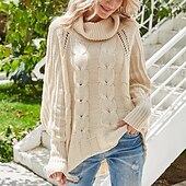 billiga Solida färger-Dam Tröja Pullover tröja Ledigt Mjukt Ren färg Kabel Polokrage Stickat Långärmad Vanliga toppar Sticka Utomhus Dagligen Helgen Marinblå Beige Höst Vinter