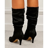 billiga Slouch Boots-damstövlar i brun mocka med mitten av vaden - eleganta stilettklackar med spetsiga tå, perfekta för höstens fritids- och festkläder