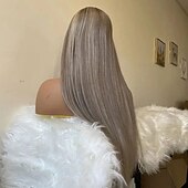 baratos Perucas de seda frontais de cabelo natural-cabelo brasileiro remy cabelo virgem 13x4 peruca frontal de renda cabelo humano liso loiro acinzentado com mechas coloridas sem cola perucas de cabelo humano pré-arrancadas para mulheres