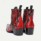 baratos Botas de couro premium-Bota de Motocicleta Masculina de Couro de Cobra Vermelha – Bota Canela Estilo Ocidental com Bico Pontudo Detalhe de Corte em Chama com Ponta Dourada para Moda Ousada
