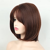 cheap Older Wigs-Shoulder Length Dark Brown Straight Bob Wigs Synthetic Medium Length Bob Hair Wig Halloween Costume Wigs for Women