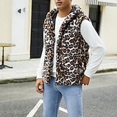 cheap Men's Vest-Men's Vest Faux Fur Gilet Daily Date Vacation Fashion Casual Fall &amp; Winter Keep Warm Polyester Comfortable Leopard Print Cardigan Stand Collar Regular Fit White Yellow Brown Vest