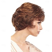 abordables perruque plus âgée-perruques courtes bouclées brunes avec coupe de lutin brune perruques ondulées pour femmes blanches perruques synthétiques complètes en couches pour une fête quotidienne