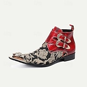 cheap Premium Leather Boots-Men&#039;s Floral Jacquard Leather Ankle Boots – Premium Cowhide, Red and Black Brocade Design with Double Buckle Straps and Gold-Tipped Decorative Toes