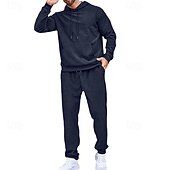 cheap Basic Tracksuits-Men's Sweatshirt Tracksuit Sweatsuit Black Army Green Red Navy Blue Light Grey Hooded Plain Drawstring 2 Piece Sports &amp; Outdoor Daily Holiday Streetwear Basic Casual Winter Spring &amp;  Fall Clothing