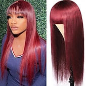 abordables Perruques sans bonnet-perruque à mécanisme complet 99j# perruque de cheveux raides bordeaux cheveux humains 12-24 pouces