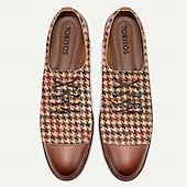economico Semi-formale-scarpe oxford da uomo con motivo pied de poule - motivo a scacchi marrone e rosso vintage, dettagli in similpelle, perfette per occasioni formali e casual
