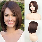 cheap Older Wigs-Shoulder Length Dark Brown Straight Bob Wigs Synthetic Medium Length Bob Hair Wig Halloween Costume Wigs for Women