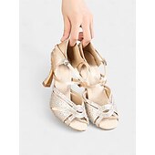 economico Scarpe per balli latini-tacchi da ballo da donna con strass dorati, cinturini incrociati e suola in pelle scamosciata, ideali per spettacoli di ballo da sala e latino
