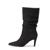 billiga Slouch Boots-damstövlar i brun mocka med mitten av vaden - eleganta stilettklackar med spetsiga tå, perfekta för höstens fritids- och festkläder